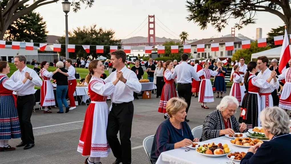 Community celebration in San Francisco featuring Polish residents at https://www.sfpol.com/ showcasing cultural dances and traditional dishes.