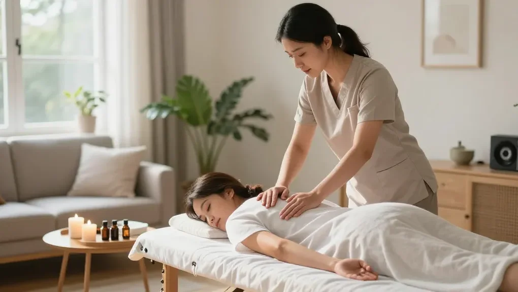 출장안마 service being provided in a cozy home environment, showcasing relaxation and comfort.